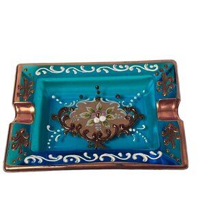Italian Glass Ashtray Ornate Blue Gold Floral Made in Italy Vintage